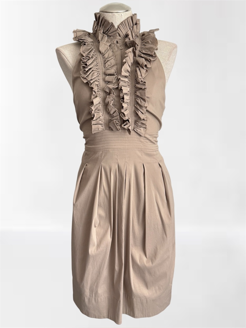 BCBG Max Azria Ruffle Halter Dress | Size 12 | Gravel